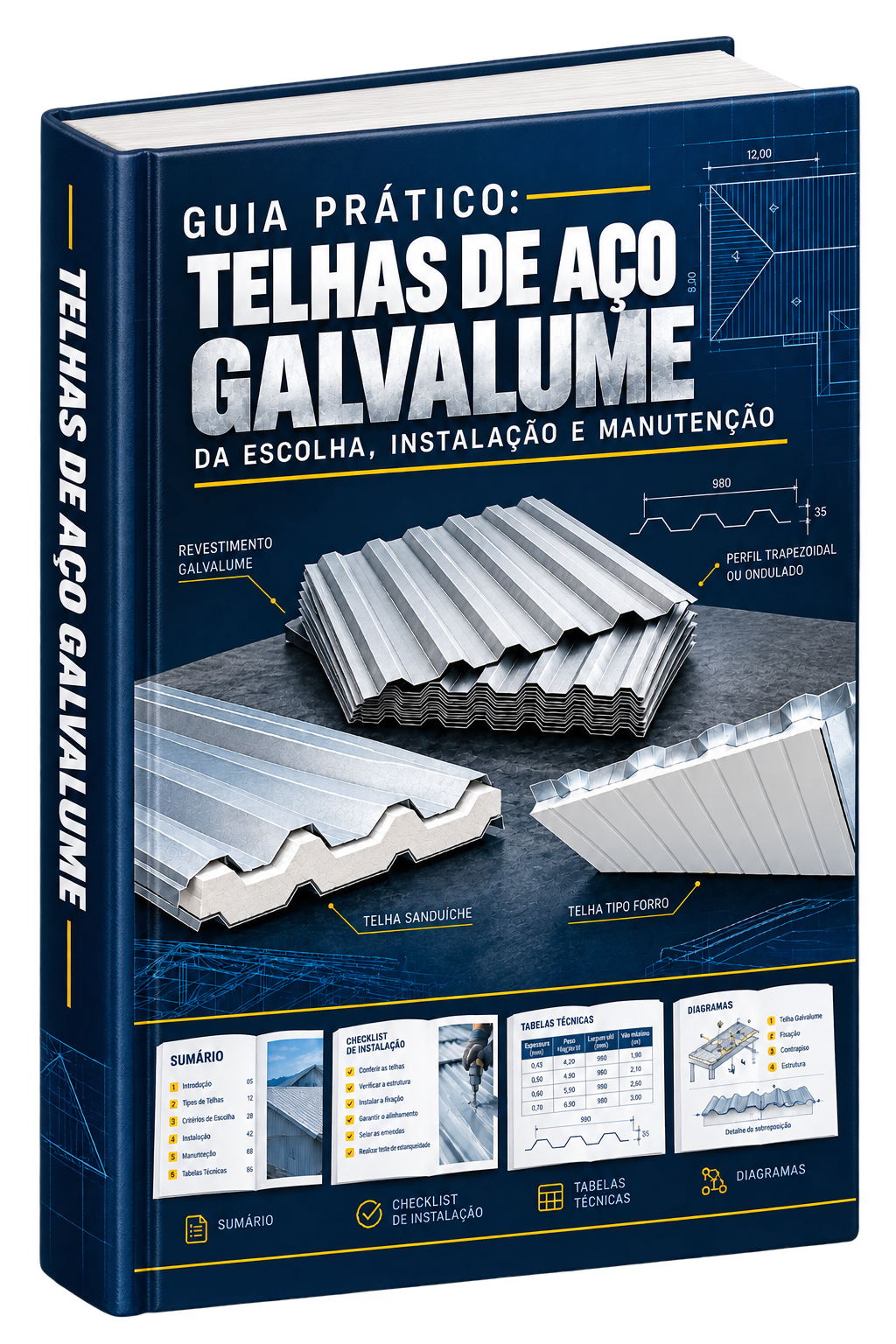 Mockup do Guia Prático Telhas de Aço Galvalume — da escolha, instalação e manutenção